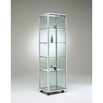Abbildung von MHN Glasvitrine mit Rollen T 42,5 x B 52,5 H 184,5 cm schmale Glas Standvitrine abschließbar Ausstellungs Vitrine LED Beleuchtung