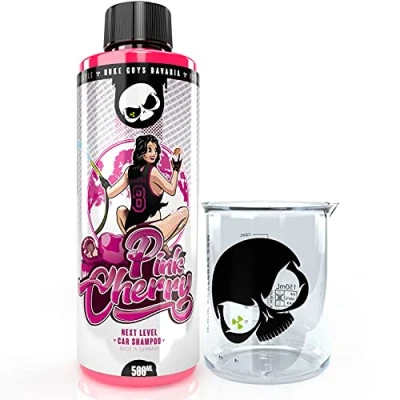 Abbildung von Nuke Guys Pink Cherry Autoshampoo, 500ml Konzentrat mit Messbecher 50ml skaliert hochschäumend, einzigartiger Gleiteigenschaft Auto Shampoo effizient gegen Verschmutzungen lackschonend