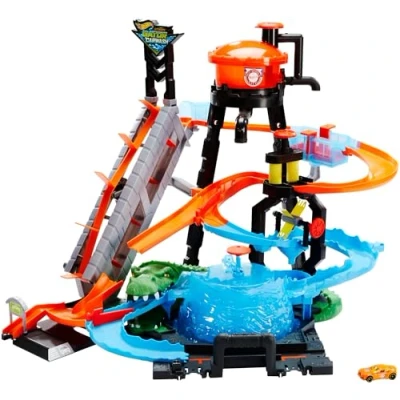 Abbildung von Hot Wheels FTB67 City Ultimative Autowaschanlage mit Krokodil, Car Wash Waschstation Spielset Farbwechseleffekt inkl. 1 Spielzeugauto und Alligator, Spielzeug Autorennbahn ab 4 Jahren