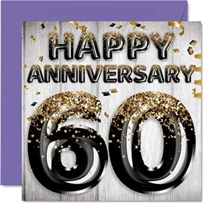 Abbildung von Tolle Diamant Jubiläumskarte für Ehemann Freund Ehefrau Freundin schwarz goldene Glitzer Luftballons Happy 60th Anniversary Karten aus der Familie 145 mm Grußkarten zum 60. Jahrestag