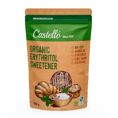 Abbildung von Natürliches Erythrit Bio Organic 10g = 7g Zucker Zuckerersatz Keto und Paleo 0 Glykämischer Index Kalorienfreier Netto Kohlenhydrate Keine GVO Castello since 1907 850 g