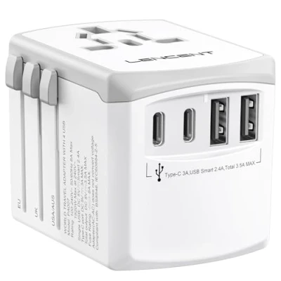 Abbildung von LENCENT Reiseadapter Reisestecker Weltweit mit 3 USB und 1 Typ C Anschlüße AC Steckdosenadapter Internationale für USA UK England Australien über 200 Länder, Weiss