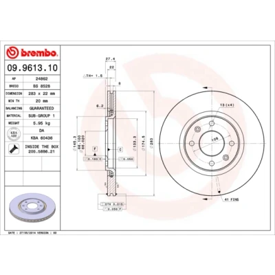 Abbildung von BREMBO 09.9613.10 Bremsscheibe 283 22 4 innenbelüftet mit Schrauben PEUGEOT: 306 Schrägheck, Limousine, 405 II Limousine