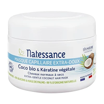 Abbildung von Natessance Extra weiche Haarmaske Bio Kokos &amp; pflanzliches Keratin zertifiziert Cosmos Organic Pot 200 ml