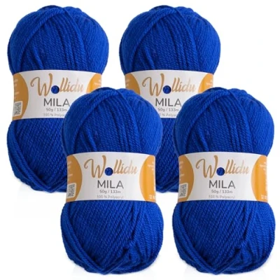 Abbildung von Wollidu Mila Garn zum Häkeln und Stricken 4 x 50g/133m Strickgarn 100% Polyacryl Häkelgarn Royal Blau