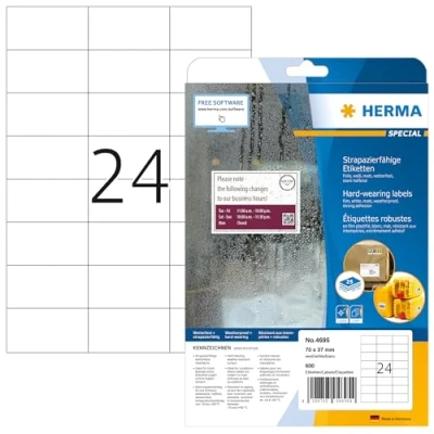Abbildung von HERMA 4695 Wetterfeste Folienetiketten, 25 Blatt, 70 x 37 mm, 24 pro A4 Bogen, 600 Stück, selbstklebend, bedruckbar, matt, blanko Klebeetiketten Aufkleber aus Folie, weiß