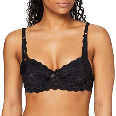 Abbildung von FM London Spitzen BH für Damen, Push up, gepolstert, mit Bügeln, großes Körbchen,Schwarz,75DD /34DD