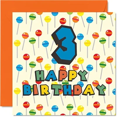Abbildung von Geburtstagskarte zum 3. Geburtstag, Unisex, Motiv: Lollipop Sweets Candy für Sohn, Tochter, Bruder, Schwester, Enkel, Enkelin, Nichte, Neffe, Cousin, 145 mm x