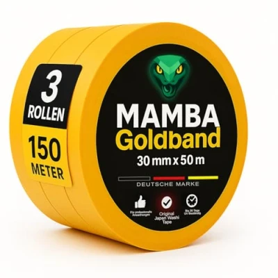 Abbildung von 3 x Mamba Goldband Klebeband 30mm 50m Maler Abklebeband Kreppband Malerband UV beständig Lackiererband Malerkrepp