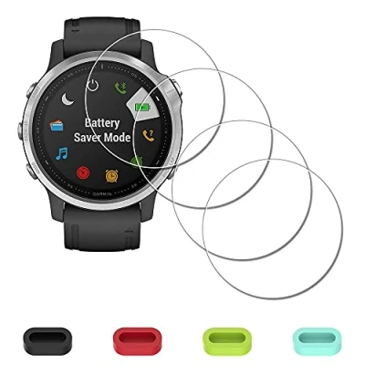 Abbildung von iDaPro Displayschutz Schutzfolie für Garmin fenix 6S / Pro Sapphire watch + 4 teiliger Ladeanschlussschutz, 9H Härte Gehärtetes Glas Displayschutzfolie Einfache Installation [4 Stück]
