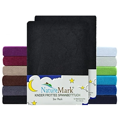 Abbildung von Spannbettlaken Frottee Spannbettlaken, NatureMark, 80% Baumwolle / 20% Polyester, Gummizug: rundum, (2 Stück), 2er Set Kinder Frottee, Spannbetttuch für Babybett und Kinderbett, 70x140 cm Schwarz