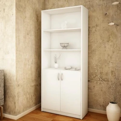 Abbildung von Bücherregal mit 5 Ebenen und 2 Türen Mehrzweckschrank Haushaltsschrank in mattem Finish Aktenschrank Regal 74 cm breit, Standregal 4 Einlegeböden, ideal für Schlafzimmer, Wohnzimmer, Flur weiß