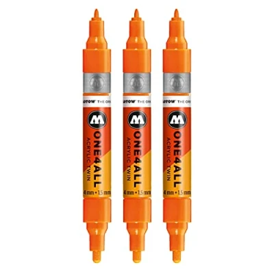 Abbildung von Molotow One4All Acrylic Twin Marker (Strichstärke 1,5 mm und 4 mm, hochdeckend permanent) 3 Stück Farbe 218 neon orange floureszierend