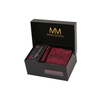 Abbildung von Massi Morino Krawatte Paisley Weinrot mit Einstecktuch Set Herren inkl. Manschettenknöpfe, Krawattennadel und Geschenkbox Männer Krawattenset