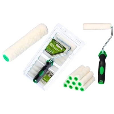 Abbildung von ToolSpace 10er Set Lackwalzen 11 cm mit Griff Beständig gegen Lösungsmittel Lackierwalze Farbroller Velourrollen für Lacke Lackierrolle Velur/Polyacryl Walzenrolle Flock Malerrollen Holzlack