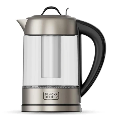 Abbildung von Black+Decker Elektrischer Wasserkocher BXKE2205E 2200W 1,7L Glasbehälter Edelstahlfilter Digitaler Temperaturregler 60 100ºC LED Beleuchtung 360º Drehung Luftdichter Deckel