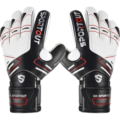 Abbildung von Sportout Torwarthandschuhe, Fußballhandschuhe mit Fingersave, Torwarthandschuhe Herren, Kinder rutschfeste 4mm Latex, Torwart Handschuhe für Kinder, Erwachsene und Jugendliche
