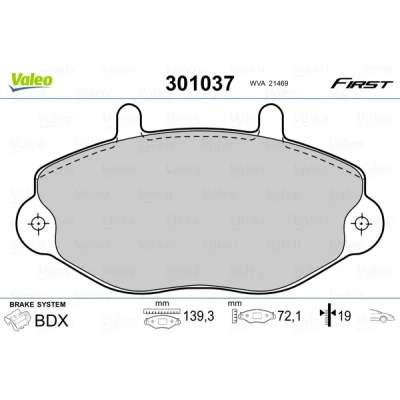 Abbildung von VALEO 301037 Bremsbelagsatz FIRST Vorderachse exkl. Verschleißwarnkontakt ohne Anti Quietsch Blech FORD: FIESTA 3, Transit Mk4 Pritsche/Fahrgestell