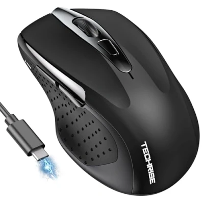 Abbildung von TechRise Bluetooth Maus, 2.4G Kabellose Maus (BT 5.0/3.0 + 2.4G), 4800 DPI Wiederaufladbare Ergonomische 6 Stufen Stille mit USB Empfänger für Laptops, Computer, PC, Windows, Schwarz