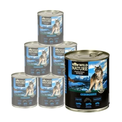 Abbildung von Dehner Wild Nature Hundefutter Gebirgssee, Nassfutter getreidefrei / zuckerfrei, für ausgewachsene Hunde, Lachs Huhn, 6 x 800 g Dose (4.8 kg)