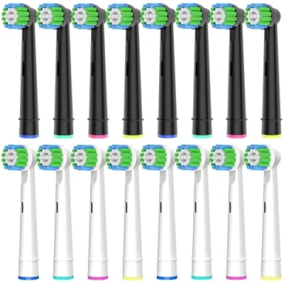 Abbildung von 16 Stück Aufsteckbürsten Kompatibel mit Oral B Aufsteckbürsten, Professionelle Ersatzköpfe passend für Elektrische Zahnbürsten, 8er Weiß und Schwarz.