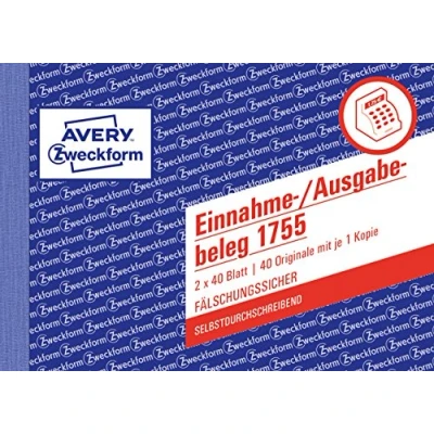 Abbildung von AVERY Zweckform 1755 Einnahme /Ausgabebeleg (A6 quer, selbstdurchschreibend, von Rechtsexperten geprüft, für Deutschland zur ordnungsgemäßen, kostengünstigen Buchführung, 2x40 Blatt) weiß/gelb