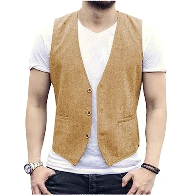Abbildung von AeoTeokey Herren Sommer Leinenweste Anzug Weste Casual Regular Fit(Braun,S)