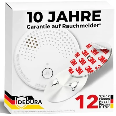 Abbildung von Rauchmelder mit Magnethalterung 12er Set ohne Bohren und Schrauben 10 Jahre Garantie extra starken Klebepads