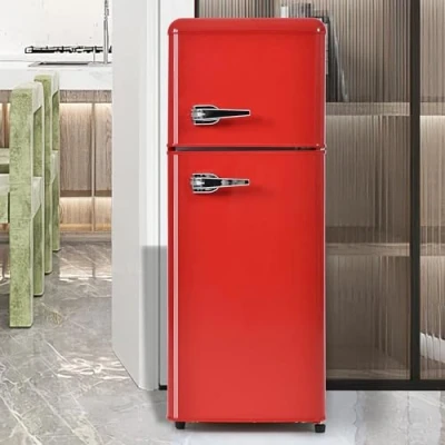 Abbildung von Merax Retro Kühlschrank, 105.5 cm, Kühl Gefrier Kombination 92L, 28L Gefrierfach, Doppeltür Design, Energieeffizienzklasse D, 116 kWh/Jahr, 7 Temperaturstufen, LED Beleuchtung, Kompakt, Rot