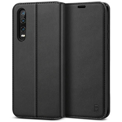 Abbildung von BEZ Handyhülle für Huawei P30 Hülle, Premium Tasche Case Kompatibel P30, Schutzhüllen aus Klappetui mit Kreditkartenhaltern, Ständer, Magnetverschluss, Schwarz
