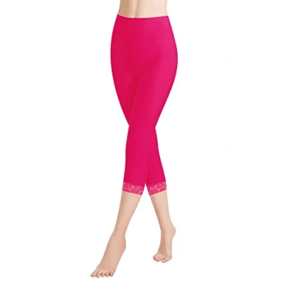 Abbildung von Libella Damen Leggings 3/4 Hose mit Spitze aus Baumwolle Capri Hohe Taille bunt Slim Fitnesshose Magenta XXL 4166