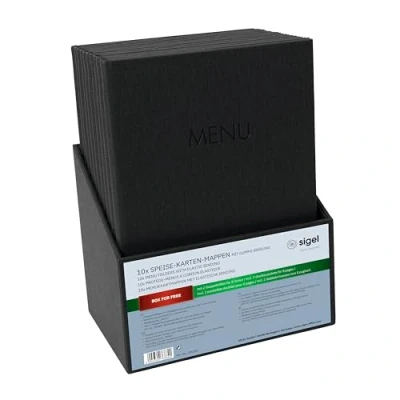 Abbildung von Sigel Speisekarten Mappe Gummi Bindung A4 Prägung MENU schwarz mit Box