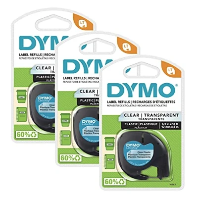 Abbildung von DYMO LT Beschriftungsband für LetraTag Etikettierer, schwarzer Druck auf transparenten Etiketten, 1/2 Zoll x 13 Fuß Rollen, 3 Stück