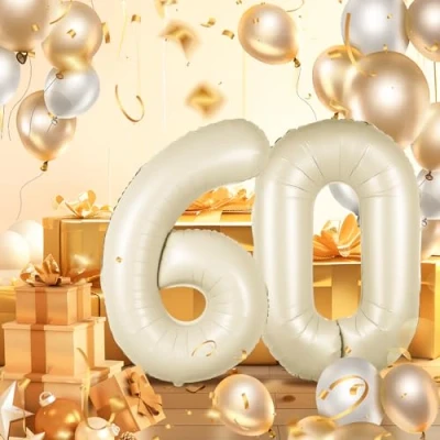 Abbildung von 60 Geburtstag Deko zahlen luftballon jahre Folienballon Beige für 60. Geburtstagsdeko Männer Frauen Ballon Zahl zum fliegt mit Helium 60.Geburtstagsparty 40&quot; 101cm