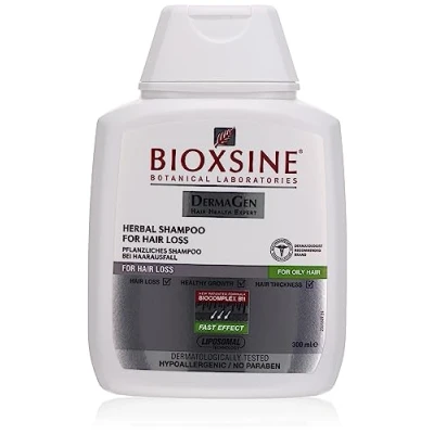 Abbildung von Shampoo für fettiges Haar gegen Haarausfall bei Frau und Mann mit pflanzlichem Haarwaschmittel das Haarwuchs beschleunigen schnelles wachstum mittel 300 ml von Bioxsine