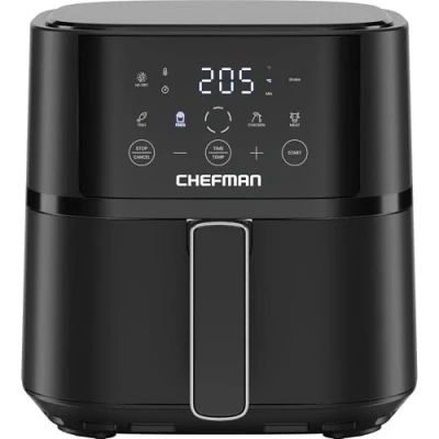 Abbildung von Chefman 3.8L Heißluftfritteuse, schnell &amp; einfach, kompakte Heissluftfritteuse mit Hi Fry Technologie, Touch Controls 4 Voreinstellungen, antihaftbeschichtet spülmaschinenfest Schwarz