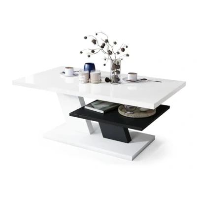Abbildung von All4All Couchtisch Conte Kaffeetisch Wohnzimmertisch Sofatisch mit Ablage kompakte Größe 110x60cm 05 weiß Hochglanz + schwarz