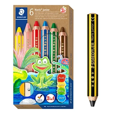 Abbildung von STAEDTLER 3in1 Buntstifte und Kinder Bleistift Noris junior, Bunt , Wachsmal Aquarellstift, sehr dicke Mine, extra bruchsicher, ideal für Kinder, 6 Farben, Spitzer Bleistift, 140 C6 P1X