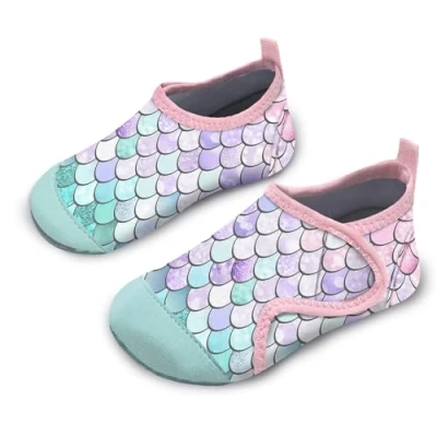 Abbildung von Badeschuhe Kinder Strandschuhe Schwimmschuhe Mädchen Baby Wasserschuhe Schnell Badesoken Aquaschuhe Trocknend Barfuss Schuhe（Fischschuppen Lila Grün 20/21）