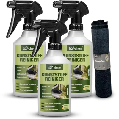 Abbildung von bio chem Kunststoffreiniger 3x 500 ml + Tuch, PVC Reiniger, Rauchgeruch Entferner, Nikotin Kraftreiniger für Kunststoff Fenster, Fenster Rahmen, Heizkörper, Gartenmöbel, u.v.m.