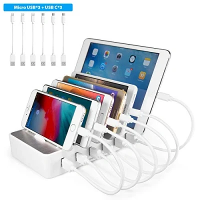 Abbildung von Handy USB Ladestation TechDot Mehrere Geräte 6 Port Multi für Handys Smartphones Tablets (mit 3 Micro Kabel und C Kabel, Weiß)