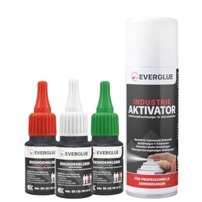 Abbildung von EVERGLUE Sekundenkleber dünn + mittel dick à 20g Aktivator 200ml Industriekleber extra stark für die universelle Reparatur und Instandsetzung in Hobby Beruf Haushalt