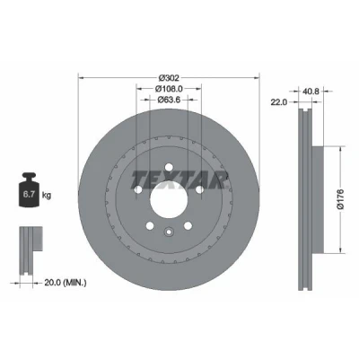 Abbildung von TEXTAR PRO+ 92168305 Bremsscheibe 302 22 05/06 108 außenbelüftet beschichtet hochgekohlt ohne Radbefestigungsbolzen, Radnabe VOLVO: V60 I, V70 3