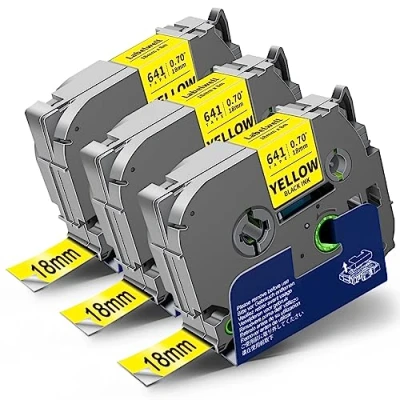 Abbildung von 3x Labelwell 18mm Schwarz auf Gelb kompatibel für Brother TZe 641 Schriftband Ersatz TZe641 TZ641 Tape Cassette P touch PT D400 D450VP D600 E500VP PTP700 PTP750W 1830 2030 D450