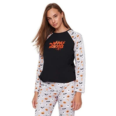 Abbildung von Trendyol Damen Women&#039;s Knitted T shirt With Slogan Middle Pajama Set, Mehrfarbig, L EU