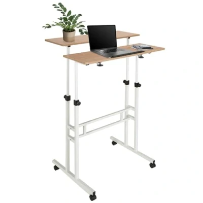 Abbildung von hjh OFFICE 830069 Stehpult höhenverstellbar Workstation I 80x60 Weiß/Eiche Computertisch mit Rollen, Laptop Tisch neigbar