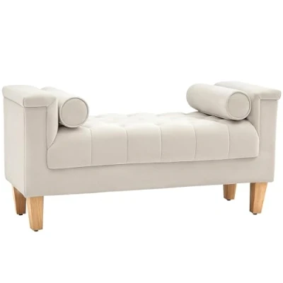 Abbildung von HOMCOM Sitzbank Polsterbank mit Chenille Bezug, Armlehne Bettbank 2 Zylinder Kissen, Holzrahmen, Schuhbank für Schlafzimmer, Wohnzimmer, Flur 115 x 44 58 cm Beige