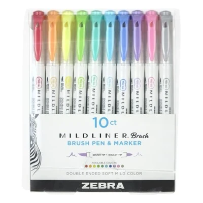 Abbildung von Zebra Pen Mildliner Highlighter Doppelendiger Pinsel und feine Spitze, verschiedene Farben, 10 Stück