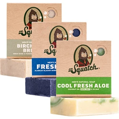 Abbildung von Dr. Squatch Natürliches Seifenstück für Männer, 3er Pack zur Auswahl Birkenholzbrise, Kühle Frische Aloe, Wasserfälle