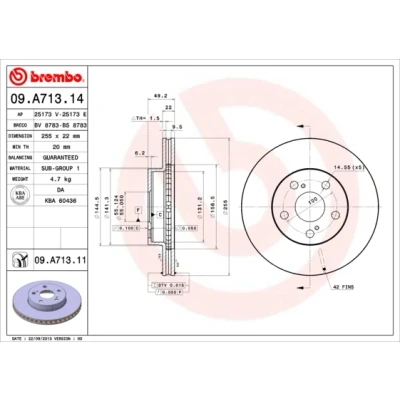 Abbildung von BREMBO COATED DISC LINE 09.A713.11 Bremsscheibe 255 22 5 innenbelüftet beschichtet TOYOTA: Prius II Liftback